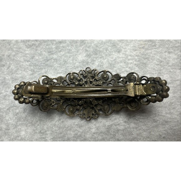 Antique Amber Tone Rhinestone Hair Barrette Jeweled Filigree Clip 4" Long - Picture 2 of 6